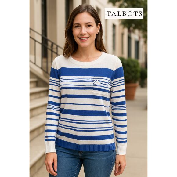 Talbots Cotton Breton Stripe Knit Top Medium Classic Nautical Old Money Prep - Picture 1 of 10